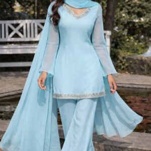 Blue Embellished Kurta with Flared Palazzo Set