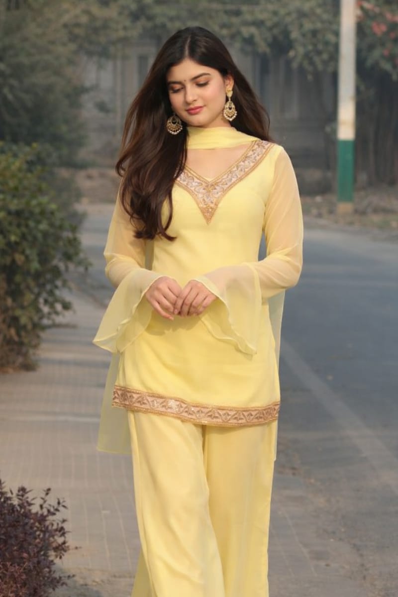 Lemon Yellow Georgette Kurta Set with Palazzo & Dupatta – Gold Embroidered Border - Image 2
