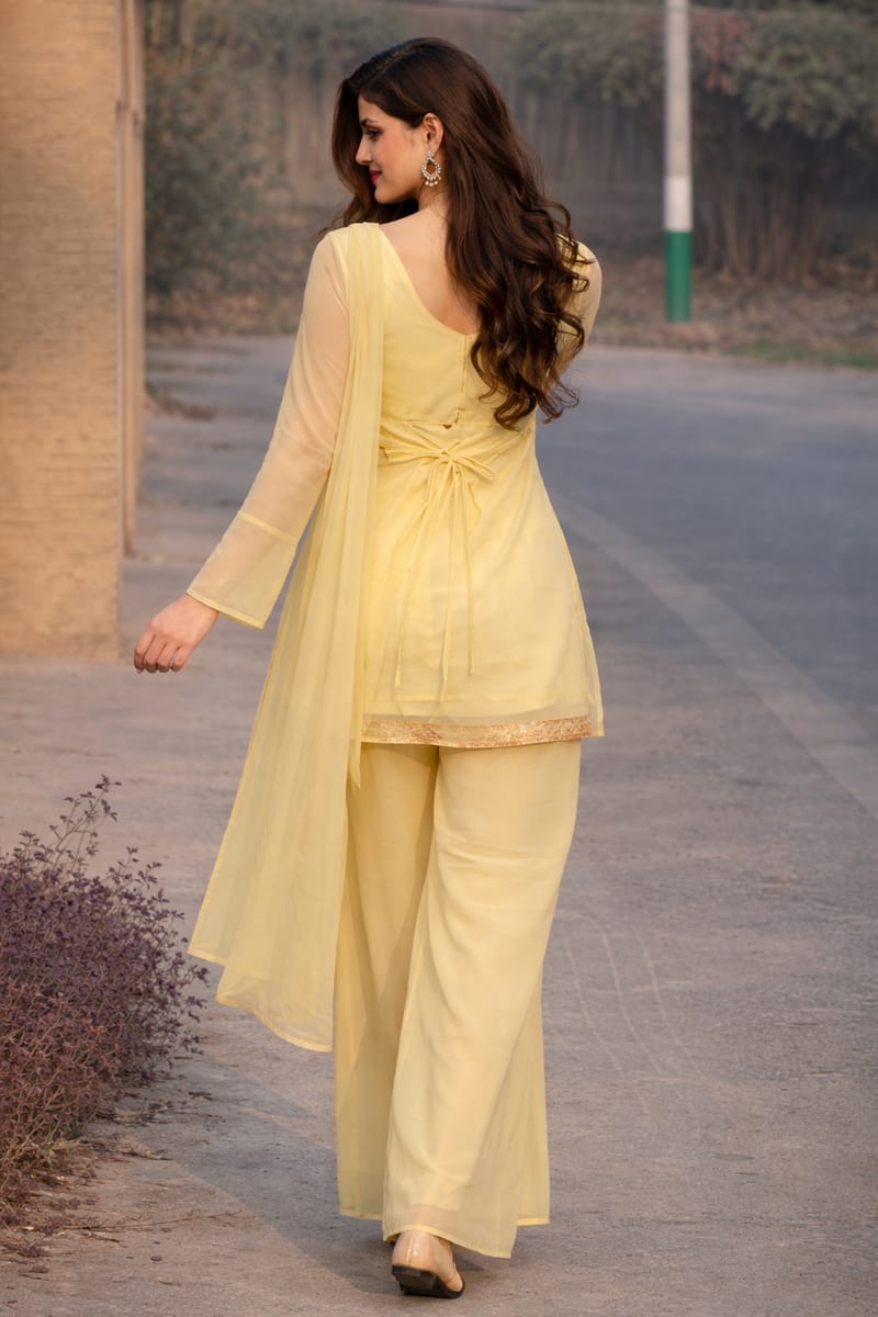 Lemon Yellow Georgette Kurta Set with Palazzo & Dupatta – Gold Embroidered Border - Image 4