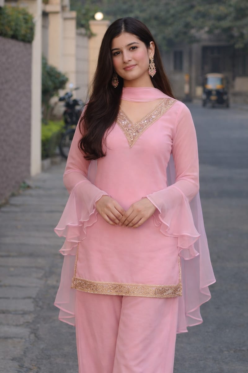 Baby Pink Georgette Kurta Set with Palazzo & Dupatta – Gold Embroidered Border - Image 2