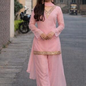 Baby Pink Georgette Kurta Set with Palazzo & Dupatta – Gold Embroidered Border