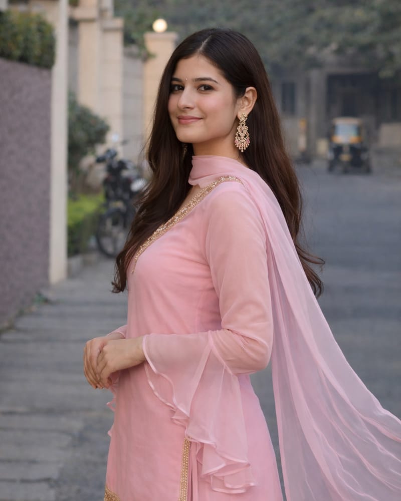 Baby Pink Georgette Kurta Set with Palazzo & Dupatta – Gold Embroidered Border - Image 4