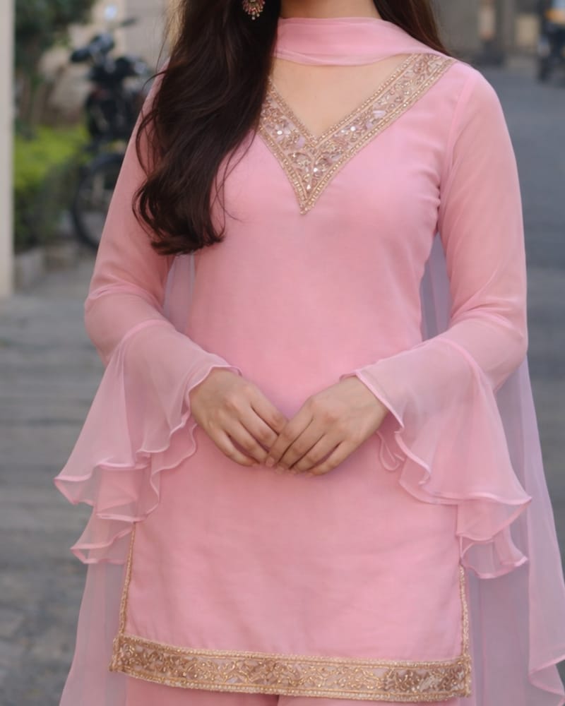 Baby Pink Georgette Kurta Set with Palazzo & Dupatta – Gold Embroidered Border - Image 5