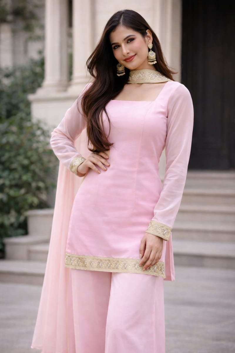 Blush Pink Georgette Kurta Set with Palazzo & Dupatta – Gold Embroidered Border - Image 2