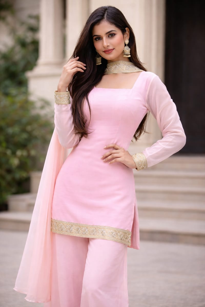 Blush Pink Georgette Kurta Set with Palazzo & Dupatta – Gold Embroidered Border - Image 3