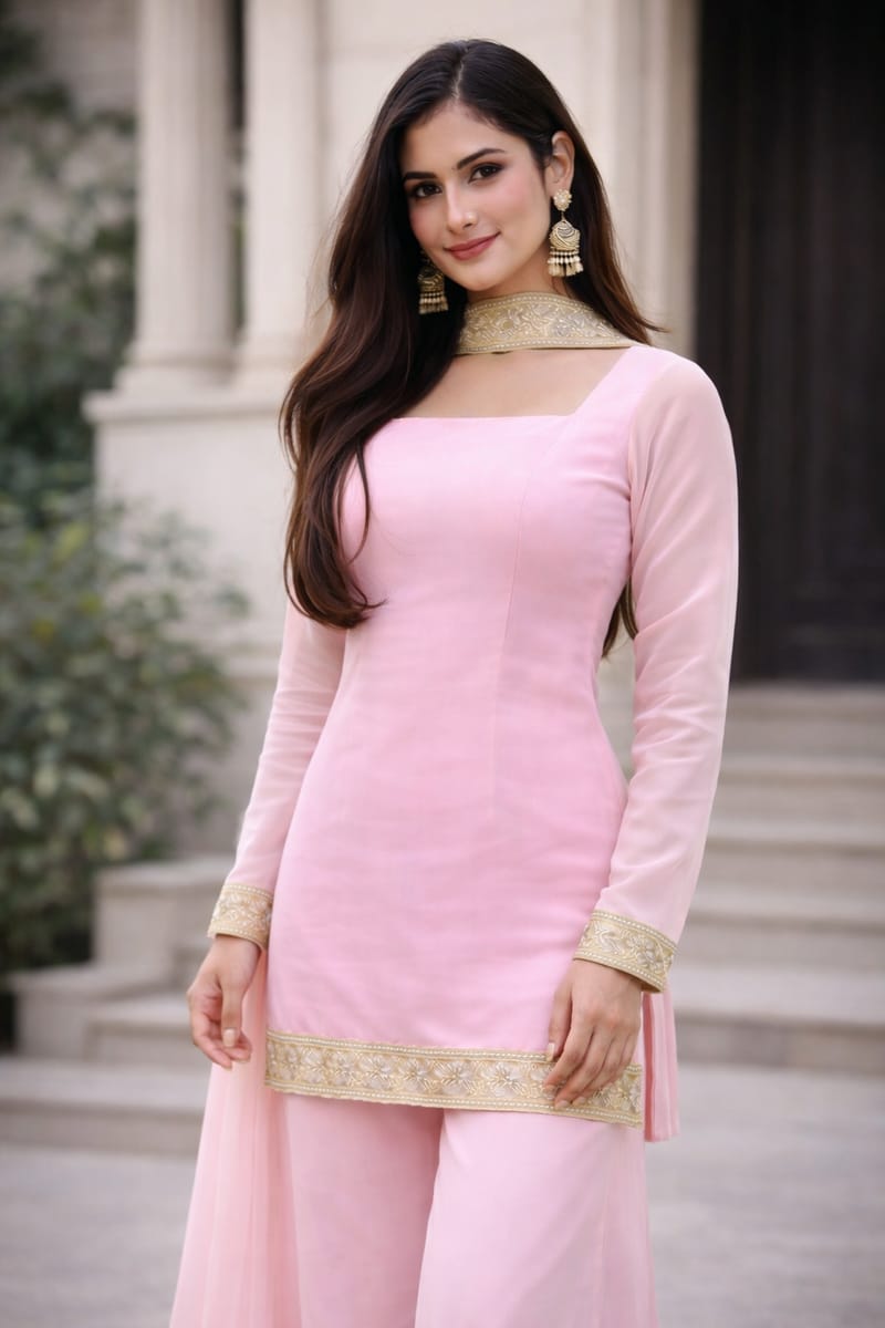 Blush Pink Georgette Kurta Set with Palazzo & Dupatta – Gold Embroidered Border - Image 4