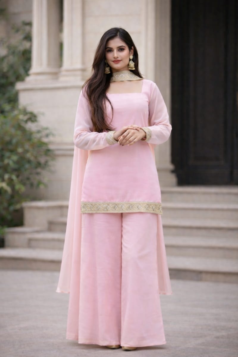 Blush Pink Georgette Kurta Set with Palazzo & Dupatta – Gold Embroidered Border - Image 5