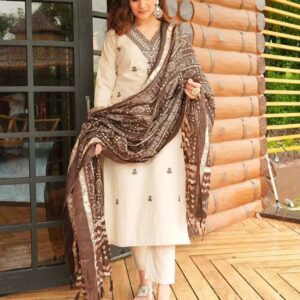 Elegant Linen Embroidered Kurta Set with Printed Dupatta