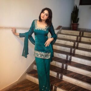 Embroidered Teal Straight Suit Set