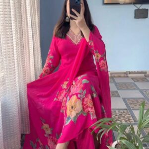 Floral Embroidered Fuchsia Suit Set