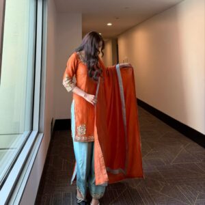 Embroidered Rust Orange and Pastel Blue Suit Set
