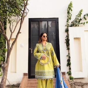 Vibrant Lime-Green Embroidered Co-ord Set with Printed Dupatta