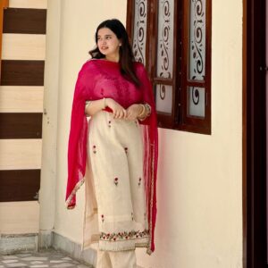 Embroidered Off-White and Pink Suit Set