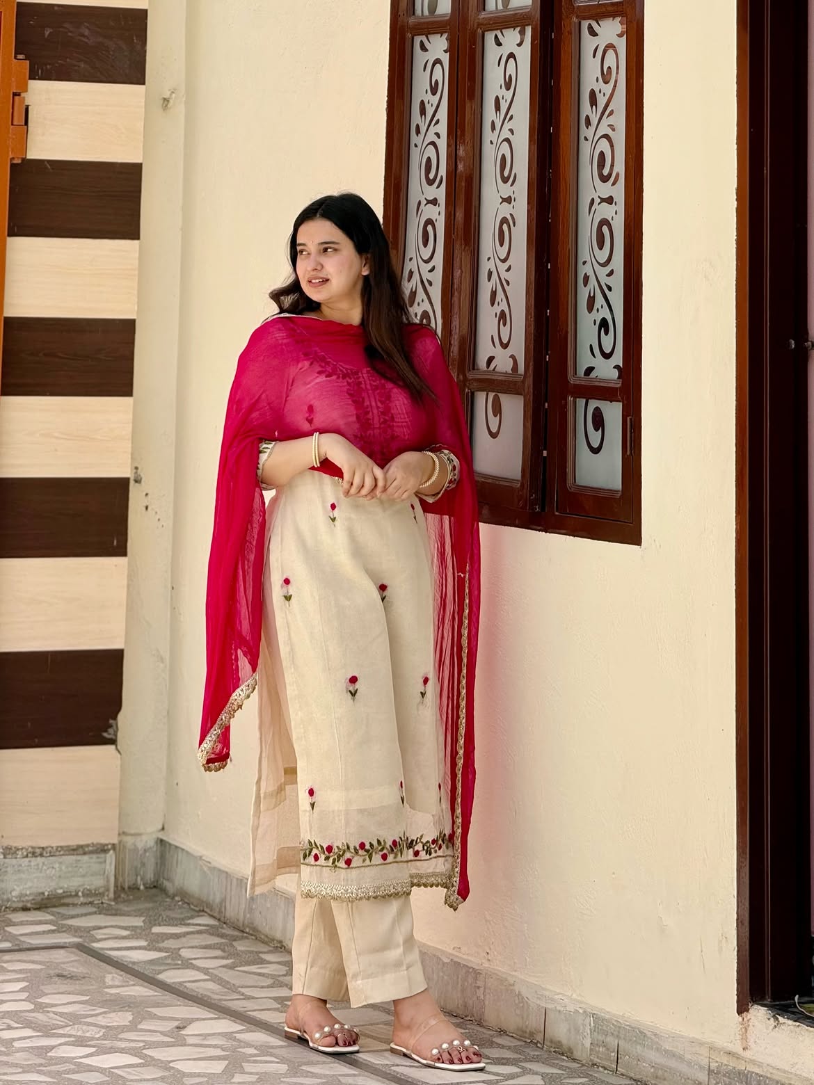 Embroidered Off-White and Pink Suit Set