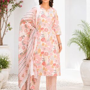 Soft Cotton Floral Straight Pink Kurta, Straight Trousers & Dupatta