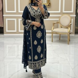 Royal Navy Blue Embroidered Straight Suit Set
