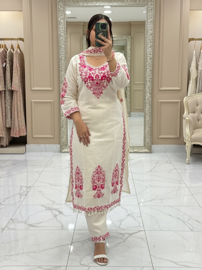 Elegant Off-White & Pink Embroidered Straight Suit Set - Image 7