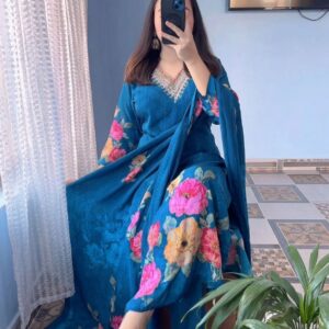 Floral Embroidered Teal Suit Set