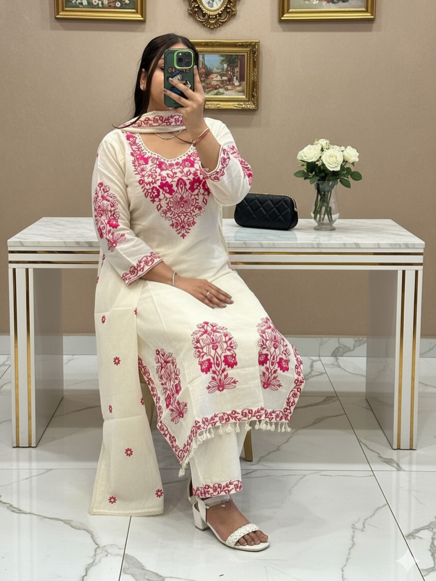 Elegant Off-White & Pink Embroidered Straight Suit Set - Image 5