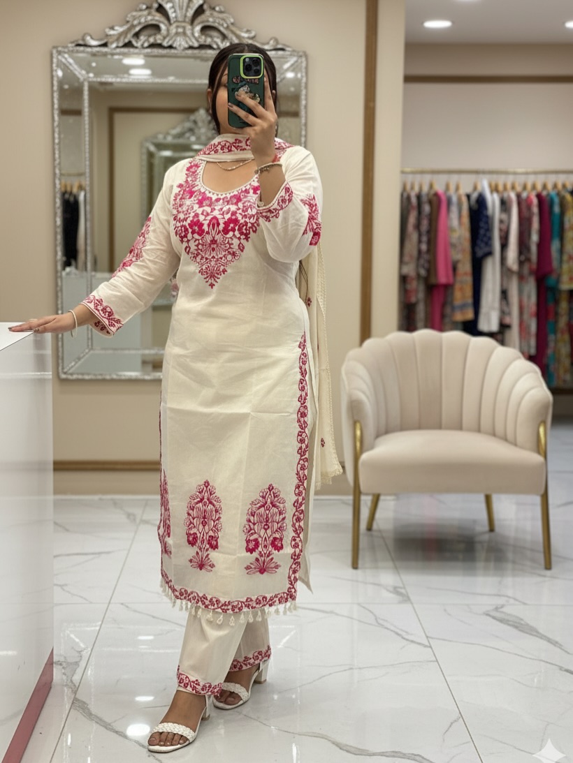 Elegant Off-White & Pink Embroidered Straight Suit Set - Image 4