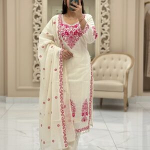 Elegant Off-White & Pink Embroidered Straight Suit Set