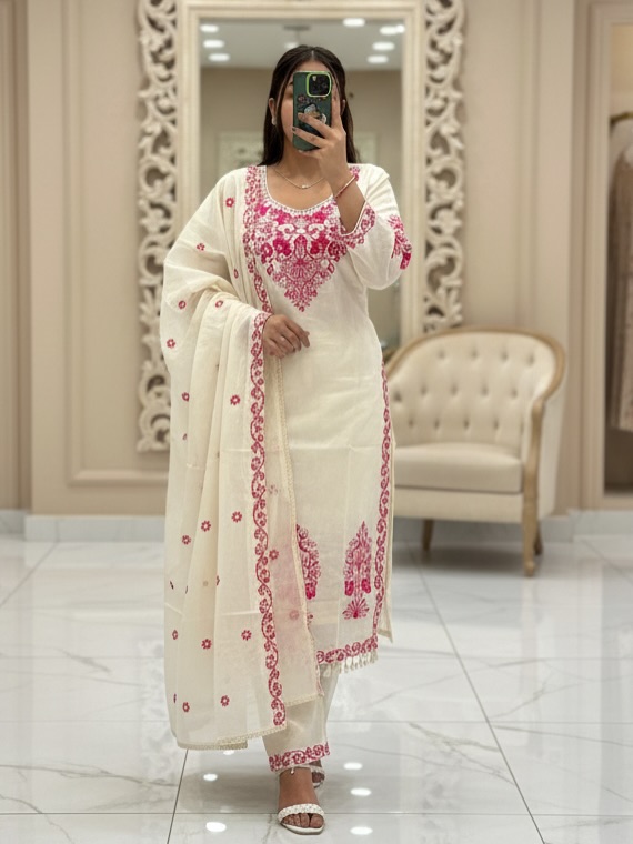 Elegant Off-White & Pink Embroidered Straight Suit Set