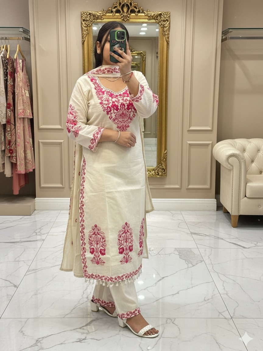 Elegant Off-White & Pink Embroidered Straight Suit Set - Image 2