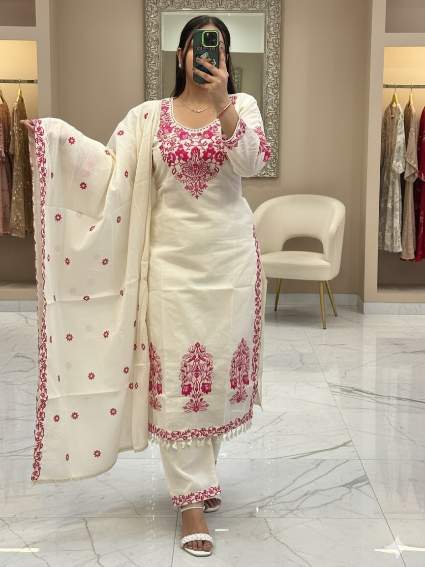 Elegant Off-White & Pink Embroidered Straight Suit Set - Image 3