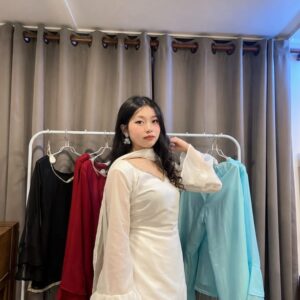 Off White Kurta Set with Palazzo & Sheer Sleeves With Dupatta