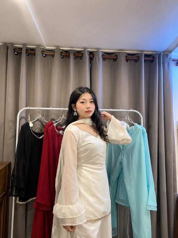 Off White Kurta Set with Palazzo & Sheer Sleeves With Dupatta