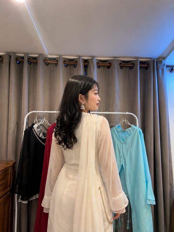 Off White Kurta Set with Palazzo & Sheer Sleeves With Dupatta - Image 2