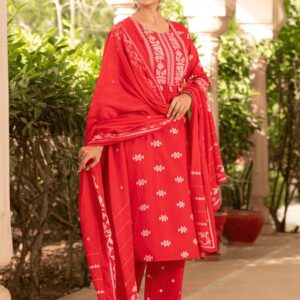 Soft Cotton Geometric Straight Red Kurta, Palazzo & Dupatta