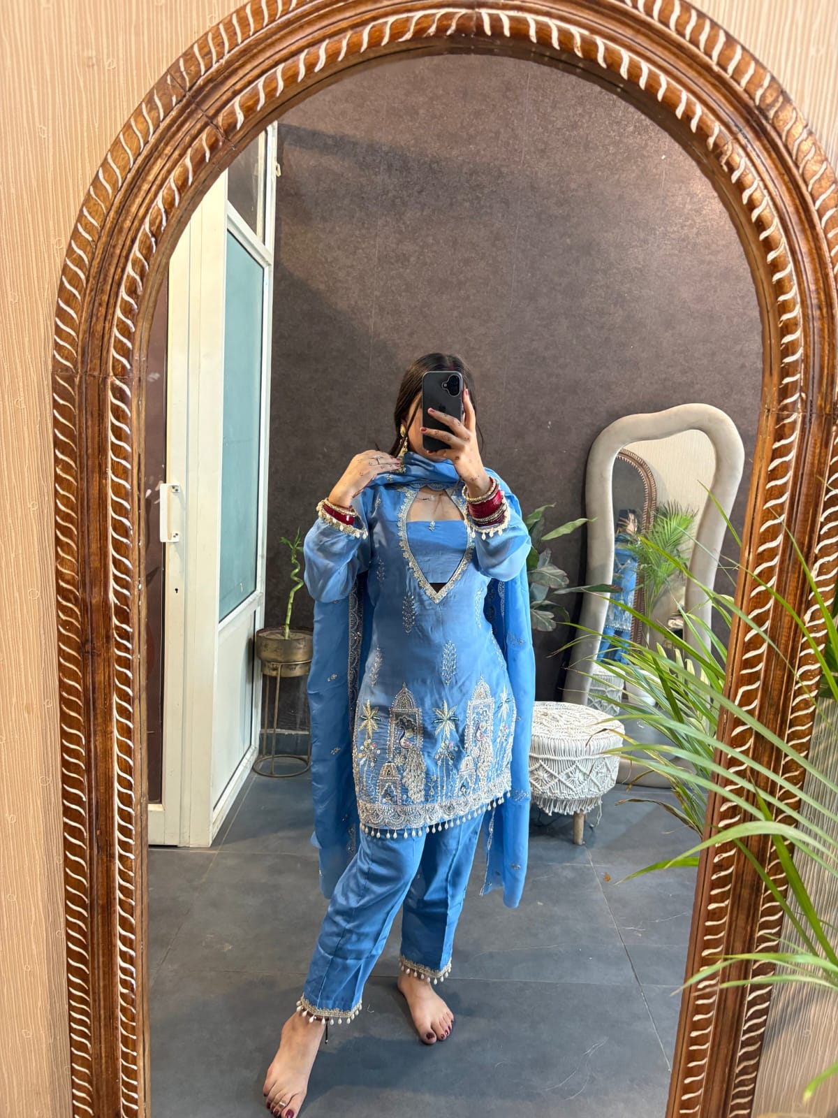 Sky Blue Organza Designer Cut Dana Suit Set - Image 5