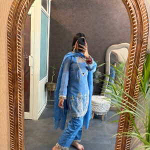 Sky Blue Organza Designer Cut Dana Suit Set