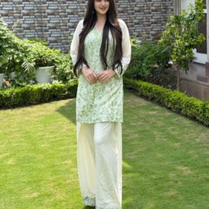 Embroidered Pastel Green and Off-White Suit Set