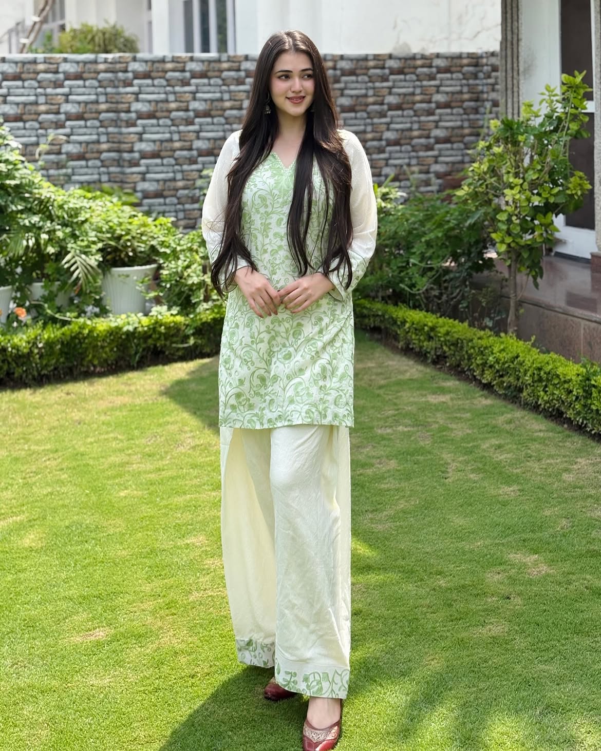 Embroidered Pastel Green and Off-White Suit Set