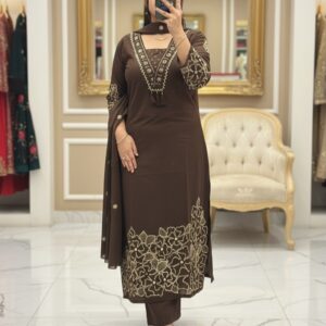 Elegant Brown Embroidered Straight Suit Set