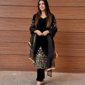 Embroidered Black Velvet Suit Set