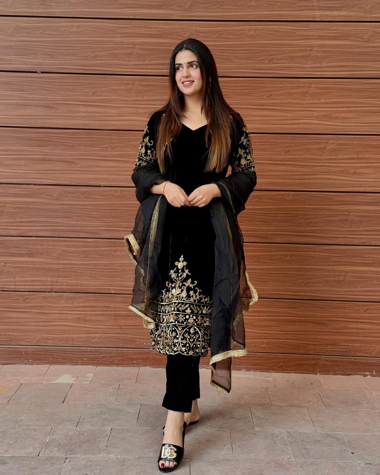 Embroidered Black Velvet Suit Set