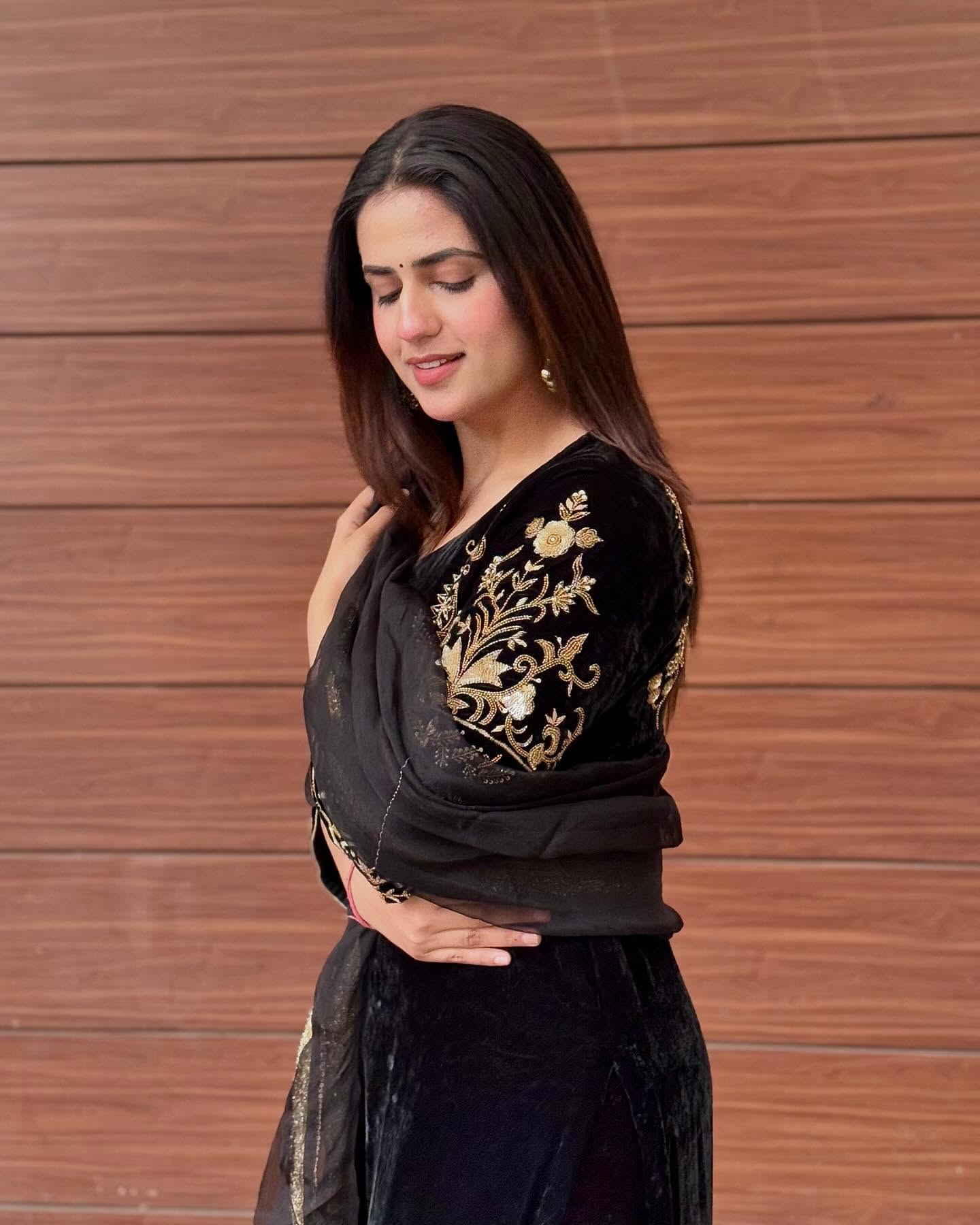 Embroidered Black Velvet Suit Set - Image 2