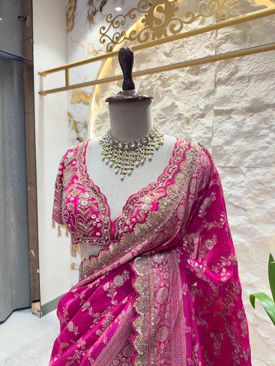 Hot Pink Banarasi Silk Saree with Scalloped Embroidered Border - Image 4