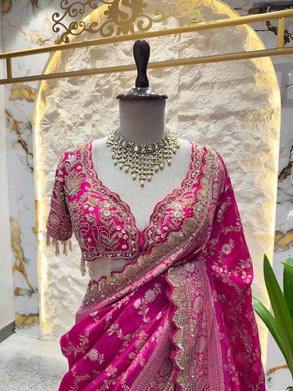 Hot Pink Banarasi Silk Saree with Scalloped Embroidered Border - Image 5
