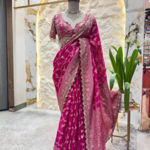 Hot Pink Banarasi Silk Saree with Scalloped Embroidered Border