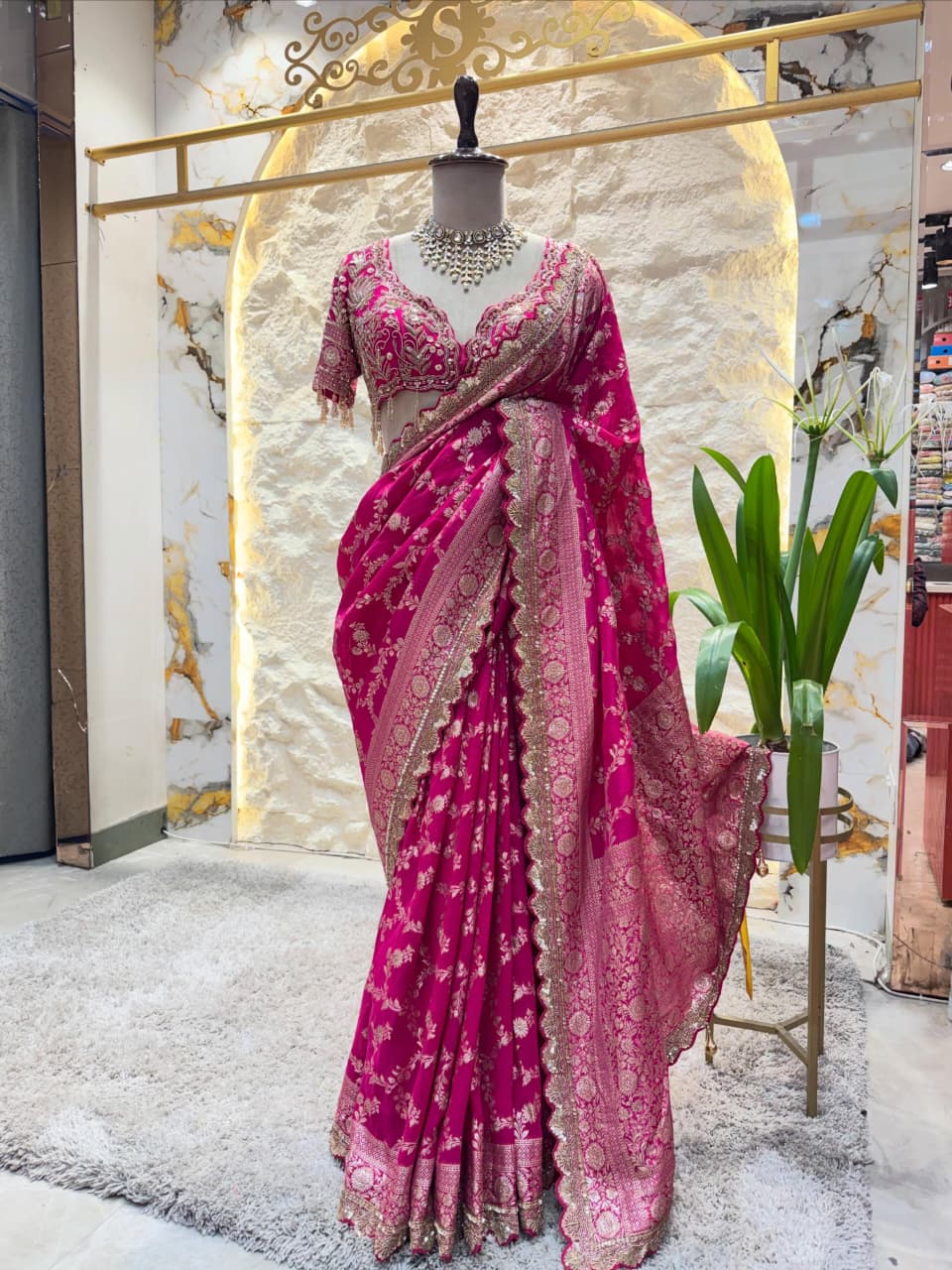 Hot Pink Banarasi Silk Saree with Scalloped Embroidered Border