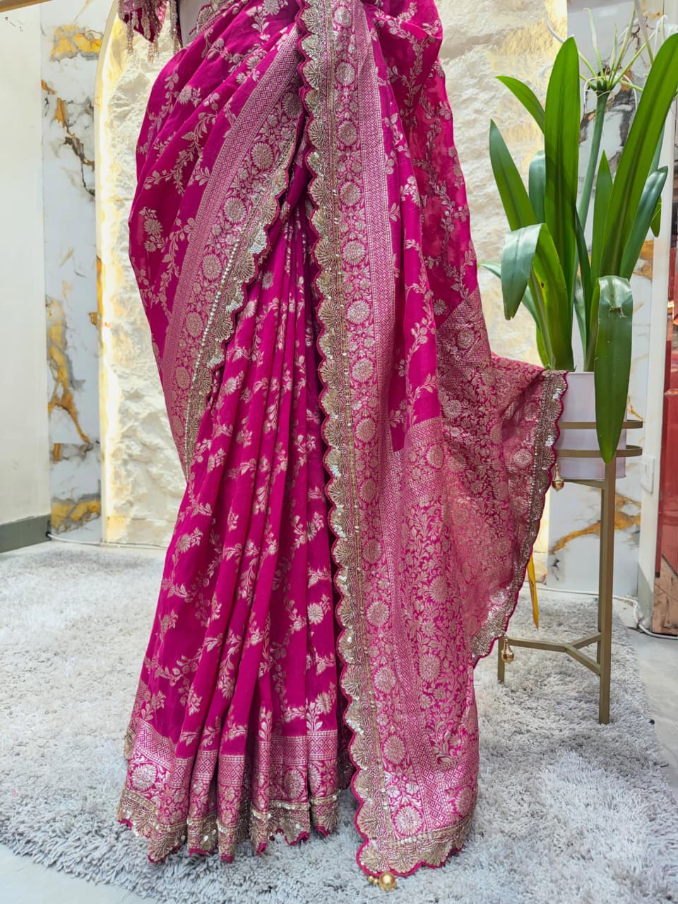 Hot Pink Banarasi Silk Saree with Scalloped Embroidered Border - Image 2