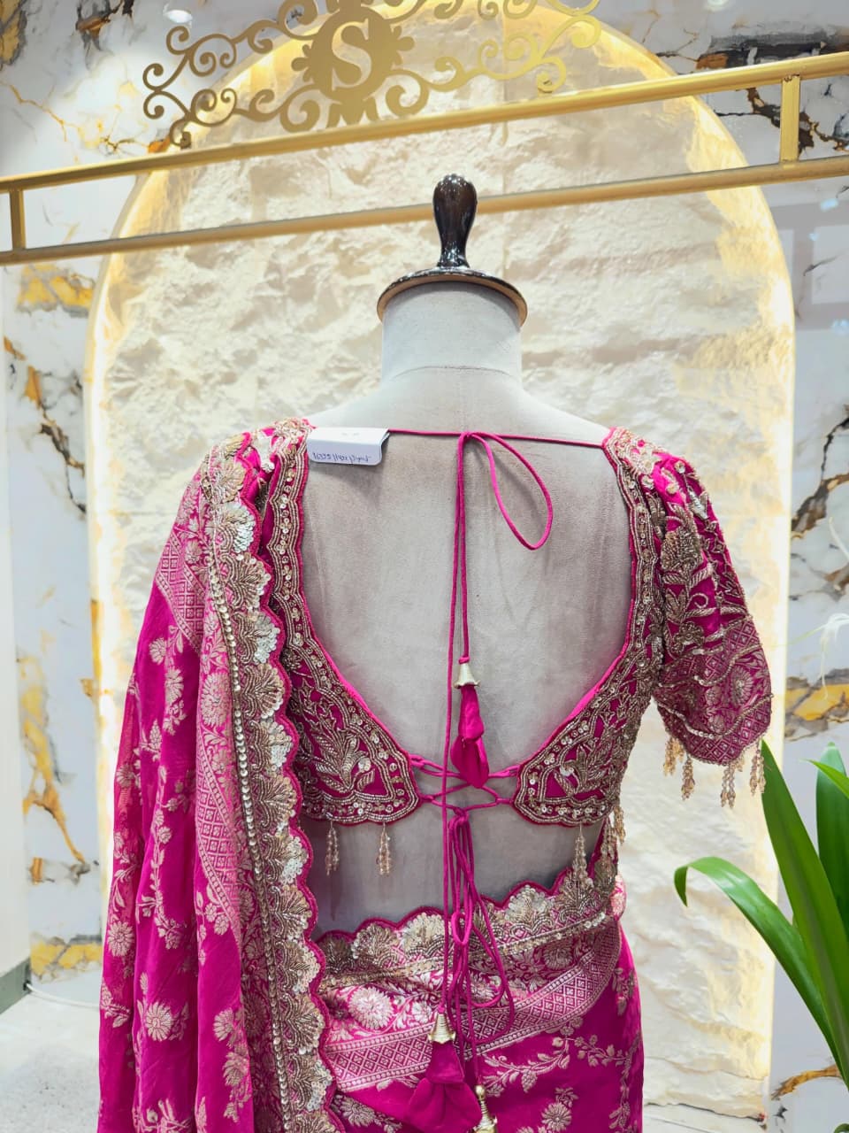 Hot Pink Banarasi Silk Saree with Scalloped Embroidered Border - Image 3